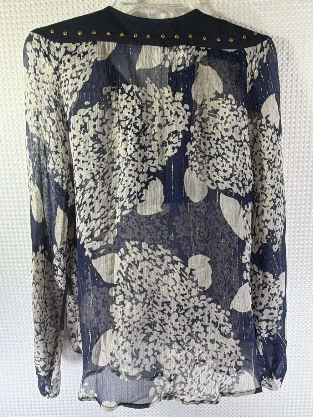 Zara Woman Navy and White Floral Print Sheer Blouse with Gold Stud Detail